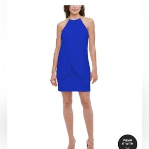 Royal blue dress with gold chain neckline